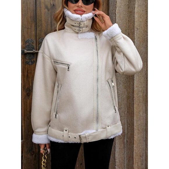 Women beige LY VAREY LIN Faux Leather Sherpa Aviator Bomber Jacket - Picture 4 of 7